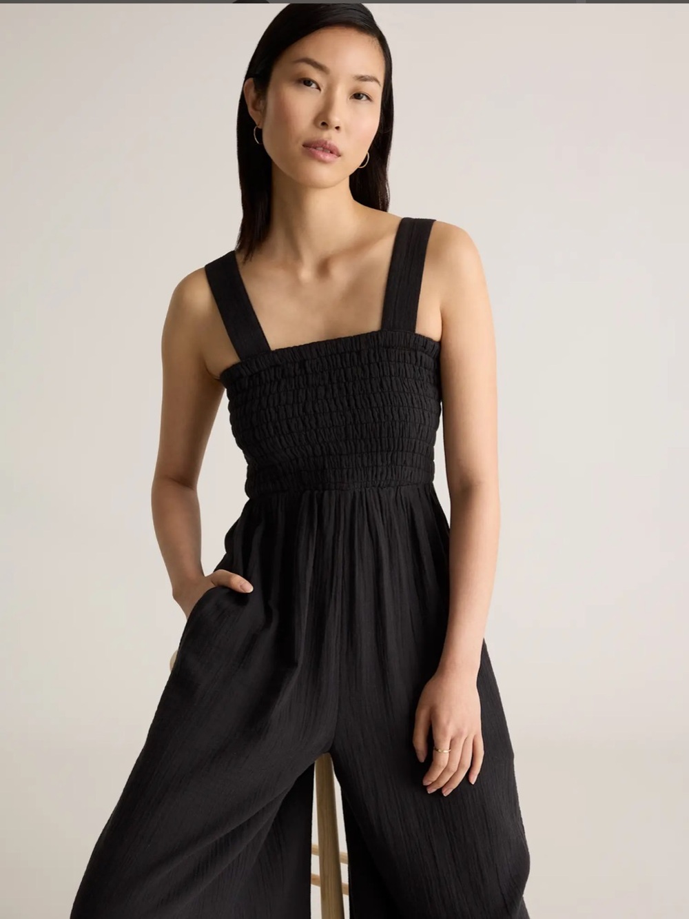 Quince Cotton Black Smocked Wide-Leg Jumpsuit - Picture 2 of 6